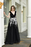 V Neck A Line Tulle Floor Length Black Prom Dresses with Appliques