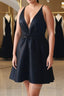 V Neck and V Back Black Satin Short Prom Homecoming Dress, V Neck Black Prom Graduation Prom Dress, Black Cocktail Dresses