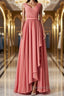 V Neck and V Back High Low Coral Chiffon Long Prom Dress, Long Coral Prom Bridesmaid Dresses with Slit