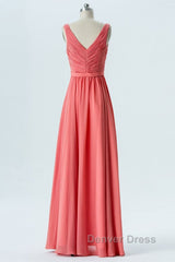 V Neck and V Back High Low Coral Chiffon Long Prom Dresses, Long Coral Formal Evening Bridesmaid Dresses with Slit