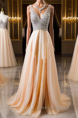 V Neck And V Back Sequins Chiffon Prom Dresses, Long Formal Dresses, Evening Dresses