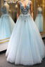 V Neck Appliques Blue Lace Long Prom Dress, Floral Blue Lace Prom Dress, Lace Blue Prom Dresses, Ball Gowns