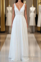 V-neck Appliques Chiffon A-line Wedding Dresses