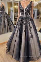 V Neck Backless Black Lace Long Prom Dresses, Black Lace Formal Dresses, Black Evening Dresses