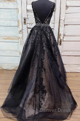 V Neck Backless Black Lace Long Prom Dresses, Black Lace Formal Dresses, Black Evening Dresses