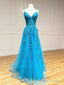 V Neck Backless Blue Lace Long Prom Dress, Open Back Blue Lace Long Prom Dresses