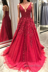 V Neck Backless Burgundy Lace Long Prom Dresses, Burgundy Lace Formal Graduation Evening Dresses