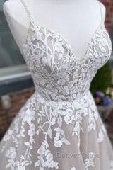 V Neck Backless Champagne Lace Appliques Long Prom Dresses, Champagne Lace Formal Evening Dresses