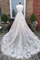 V Neck Backless Champagne Lace Appliques Long Prom Dresses, Champagne Lace Formal Evening Dresses