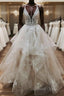 V Neck Backless Light Champagne Lace Wedding Dress, Open Back Champagne Lace Prom Dresses