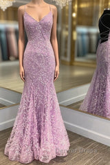 V Neck Backless Mermaid Purple Lace Long Prom Dresses, Mermaid Purple Formal Dresses, Purple Lace Evening Dresses