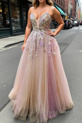 V Neck Backless Pink Lace Floral Long Prom Dresses, Pink Lace Formal Dresses, Pink Evening Dresses