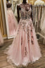 V Neck Backless Pink Lace Long Prom Dress, Long Pink Lace Prom Dresses