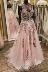 V Neck Backless Pink Lace Long Prom Dresses, Long Pink Lace Formal Evening Dresses