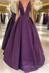 V Neck Backless Purple Satin Long Prom Dresses, Backless Purple Formal Dresses, Purple Evening Dresses