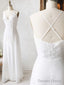 V Neck Backless White Lace Prom Dress, Open Back White Lace Wedding Bridesmaid Dresses