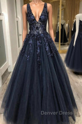 V Neck Beaded Black Lace Appliques Long Prom Dresses, Black Lace Formal Graduation Evening Dresses