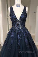 V Neck Beaded Black Lace Appliques Long Prom Dresses, Black Lace Formal Graduation Evening Dresses