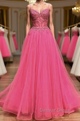 V Neck Beaded Hot Pink Lace Tulle Long Prom Dresses, Hot Pink Lace Formal Dresses, Hot Pink Evening Dresses