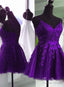 V Neck Beaded Purple Lace Prom Dress, Purple Lace Homecoming Dress Short Prom Dresses
