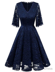 V-Neck Bell Sleeve A-Line Knee Length Lace Bridesmaid Dress Homecoming Dress With Lace