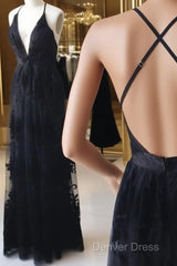 V Neck Black Backless Lace Prom Dresses, Open Back Black Lace Formal Evening Bridesmaid Dresses