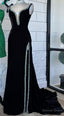 V Neck Black Long Prom Dresses with Beading