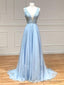 V Neck Blue Lace Prom Dress, Blue V Neck Lace Prom Graduation Dresses