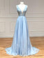 V Neck Blue Lace Prom Dresses, Blue V Neck Lace Formal Graduation Dresses
