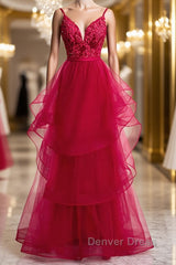 V Neck Burgundy Lace Prom Dresses, Wine Red Lace Formal Evening Graduation Dresses