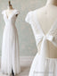 V Neck Cap Sleeves White Long Lace Prom Dress, Cap Sleeves White Lace Wedding Prom Dresses