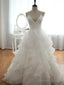 V Neck Court Train Backless White Wedding Dresses, Backless Wedding Prom Gown