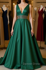 V Neck Emerald Green Satin Long Prom Dresses, Emerald Green Formal Graduation Evening Dresses