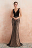 V Neck Fitted Mermaid Black Prom Dresses with Sequins