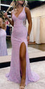 V Neck Hollow Out Backless Sequins Mermaid Prom Dresses with Slit