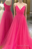 V Neck Hot Pink Backless Prom Dresses, Open Back Hot Pink Long Formal Dresses
