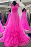 V Neck Hot Pink Layered Tulle Prom Dresses