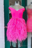 V Neck Hot Pink Tight Homecoming Dresses with Feathered Skirt