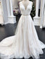 V Neck Ivory Lace Wedding Dress, Ivory Lace Prom Dresses