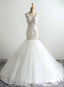 V Neck Lace Applique Mermaid Wedding Dresses with Open Back