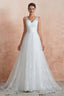 V Neck Lace Pleated White A Line Wedding Dresses