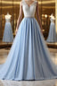 V Neck Light Blue Lace Prom Dress, Light Blue Lace Prom Dresses