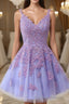 V-Neck Lilace Tulle A-Line Short Party Dresses with Appliques