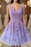 V Neck Lilace Tulle A Line Short Prom Dresses with Appliques