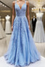 V Neck Long Blue Lace Prom Dress, Blue Long Lace Prom Bridesmaid Dresses