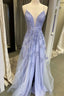 V Neck Long Purple Lace Prom Dress, Purple V Neck Long Lace Prom Dresses