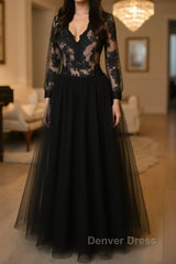 V Neck Long Sleeves Black Lace Long Prom Dresses, Long Sleeves Black Lace Formal Dresses, Black Lace Evening Dresses