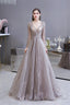 V Neck Long Sleeves Floor Length Lace A Line Prom Dresses