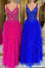 V Neck Magenta Lace Appliques Layered Tulle Prom Dresses