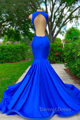 V-neck Mermaid Appliques Lace Sequined Open Back One Shoulder Floor-length Sleeveless Prom Dresses